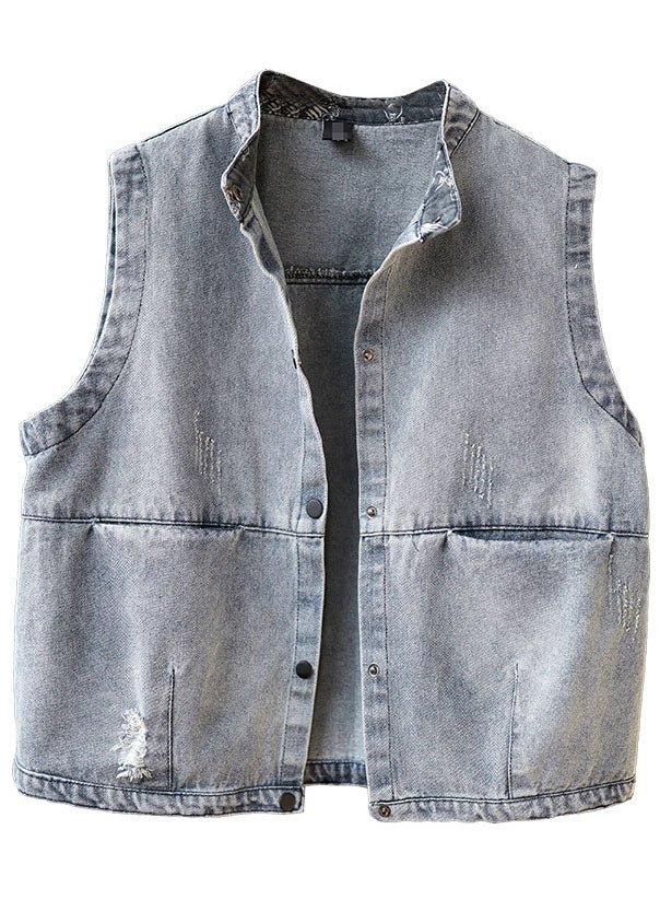 Blue Stand Collar Button Pockets Fall Denim Sleeveless Waistcoat