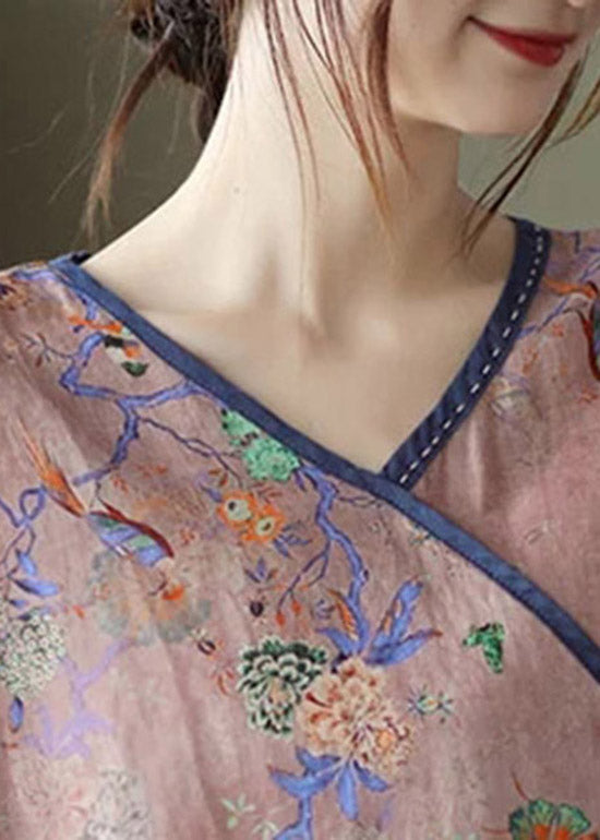 Pink V Neck Print Button Patchwork Blouse Tops Short Sleeve