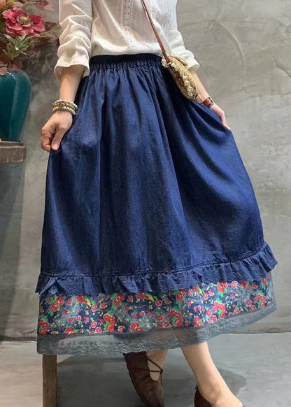 Dark Blue Elastic Waist Lace Patchwork Skirt Spring