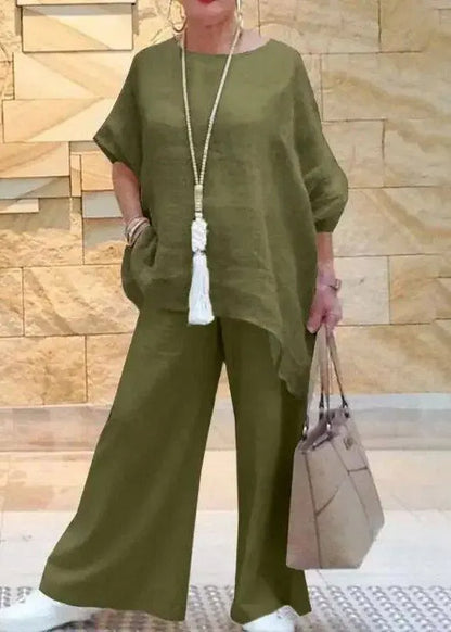Blue O-neck Asymmetrical T Shirts and Wide Leg Pants Two Pieces Set Short Sleeve