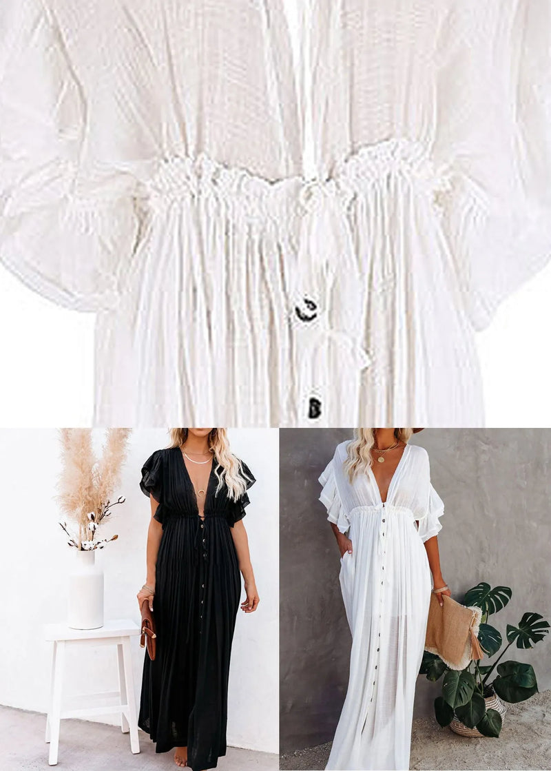 French White V Neck Button Maxi Dress Short Sleeve
