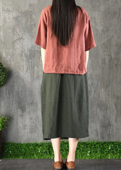Khaki Elastic Waist Pockets Cotton Linen a Line Skirt Spring