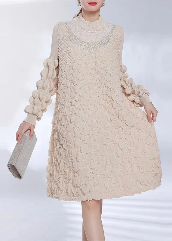 Loose Coffee Wrinkled Pearl Patchwork Cotton Mid Dress Spring