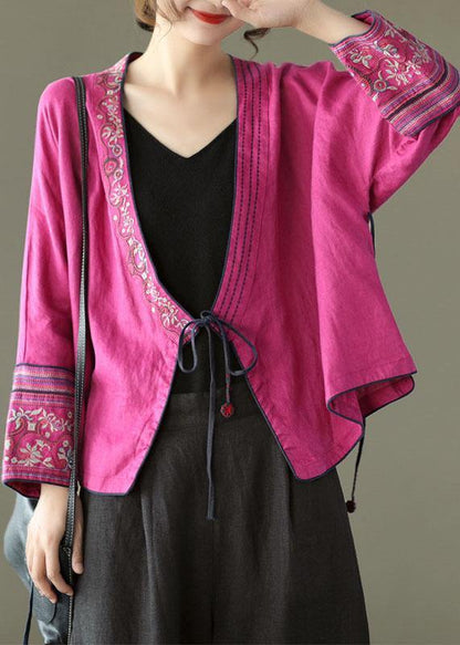 Red Embroideried Long Sleeve Linen Shirt