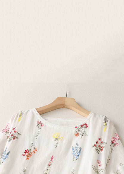 New White O-neck Lace Up Cotton Dresses Half Sleeve