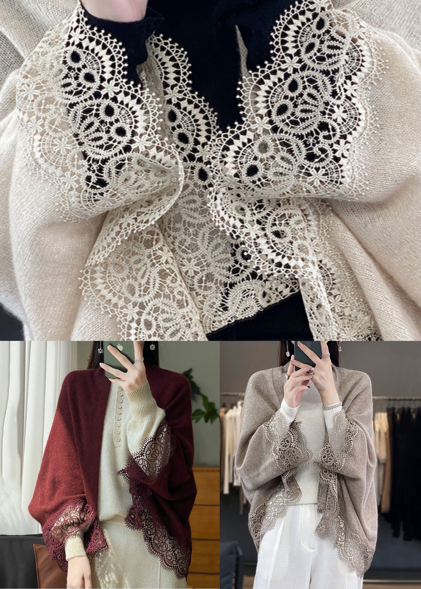 Beige Lace Patchwork Woolen Batwing Sleeve Cardigan V Neck