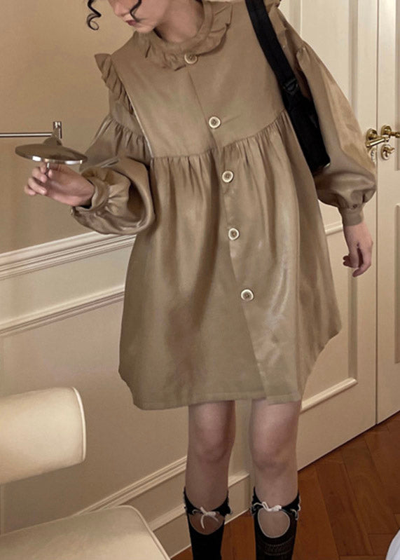 Laight Chocolate Stand Collar Patchwork Ruffled Wrinkled Button Mid Dress Long Sleeve
