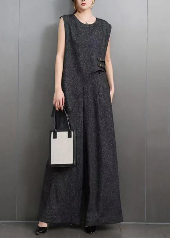 Blue O-neck Navy Asymmetrical Denim Top and Wide Leg Pants Two Pieces Set Summer
