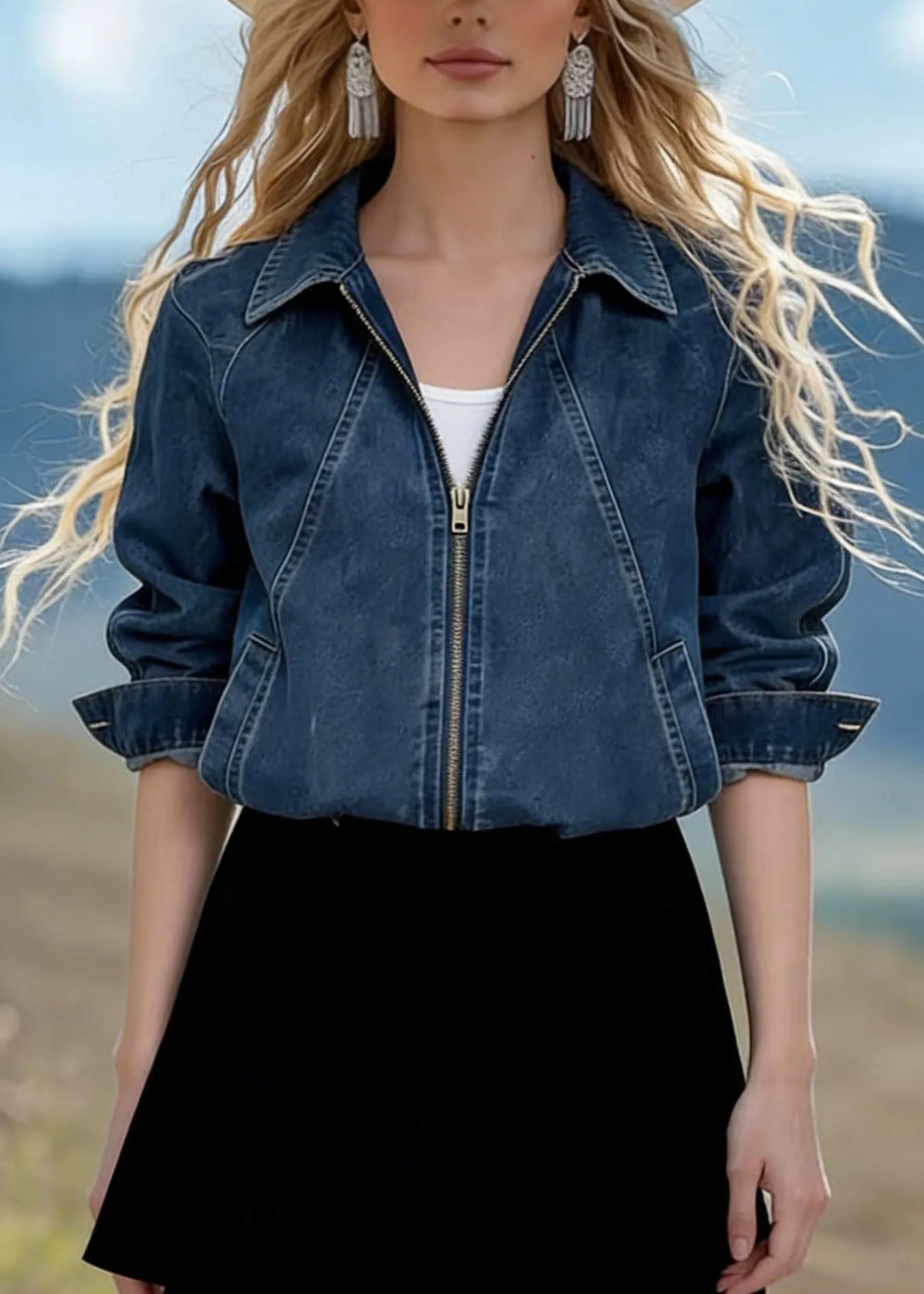 Blue Peter Pan Collar Zippered Denim Jackets Spring