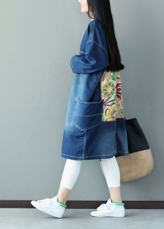 Blue V Neck Pockets Applique Cotton Denim Coats Spring