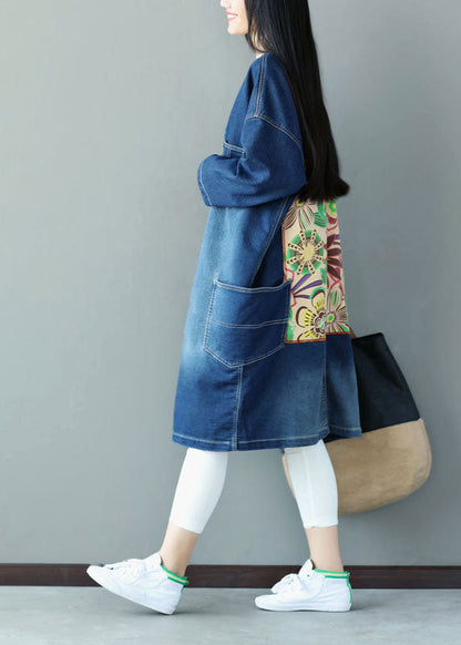 Blue V Neck Pockets Applique Cotton Denim Coats Spring