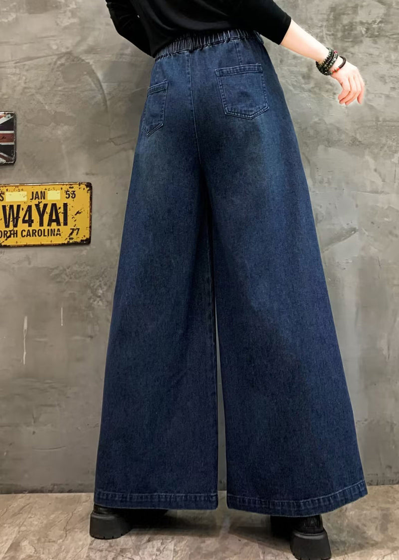 Blue Pockets Denim Wide Leg Pants Elastic Waist Fall