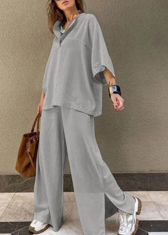 Grey Side Open T Shirts and Wide Leg Pants Two Pieces Set Bracelet Sleeve