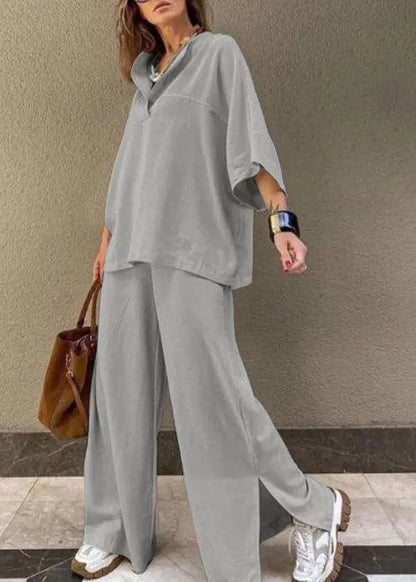 Grey Side Open T Shirts and Wide Leg Pants Two Pieces Set Bracelet Sleeve