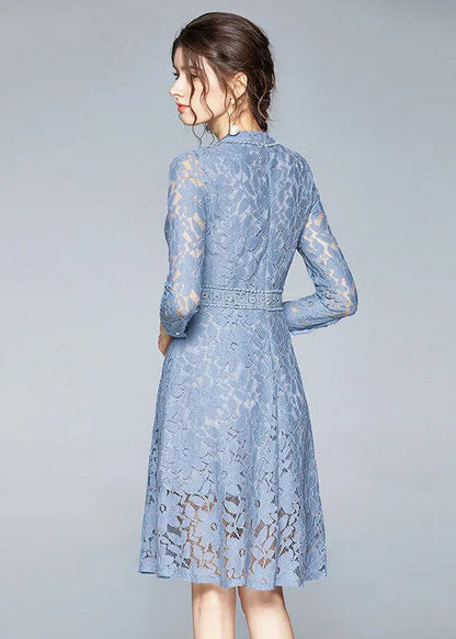 Handmade Blue Stand Collar Lace Cinch Dresses Bracelet Sleeve