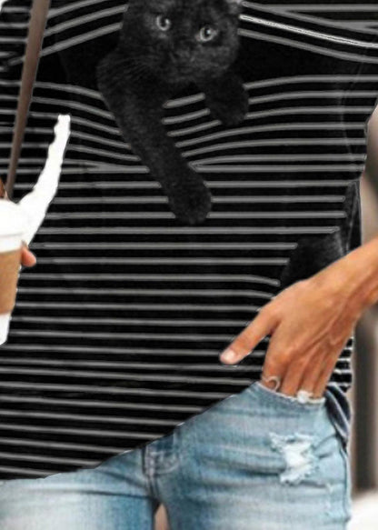 Black Whiet Striped Cat Print O-neck Long Sleeve T-shirts