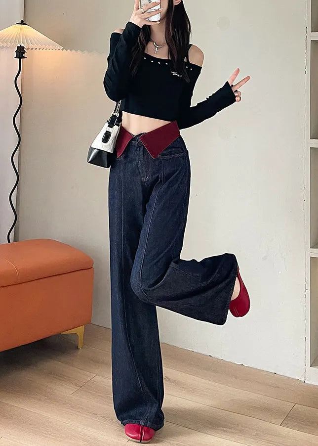 Navy High Waist Patchwork Denim Straight Pants Spring