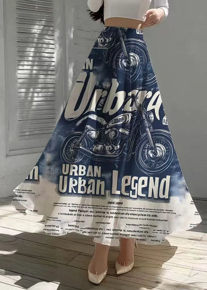 Denim Blue Letter Print Chiffon a Line Skirts Summer