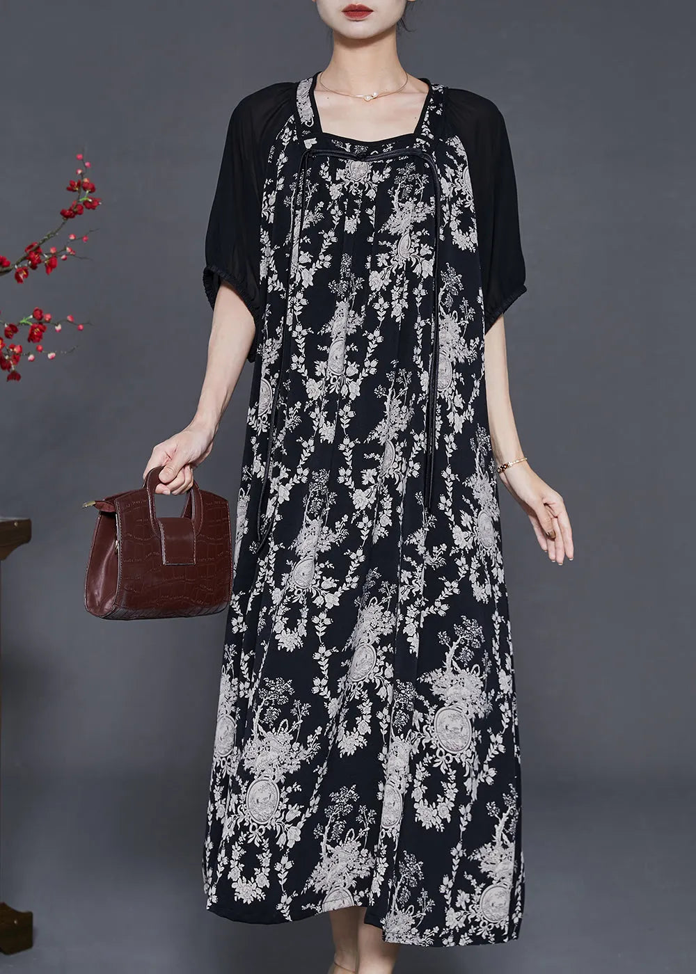 Black Tasseled Print Chiffon Holiday Dress Summer