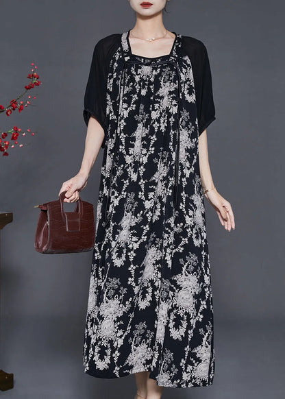 Black Tasseled Print Chiffon Holiday Dress Summer