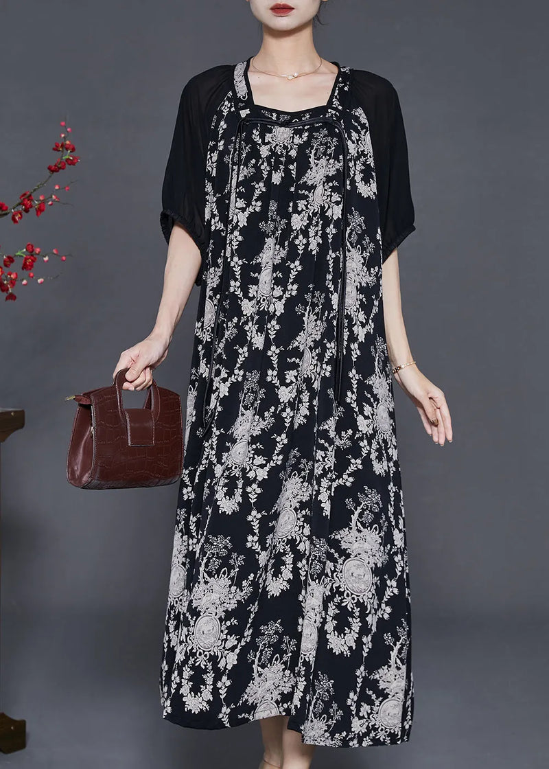 Black Tasseled Print Chiffon Holiday Dress Summer
