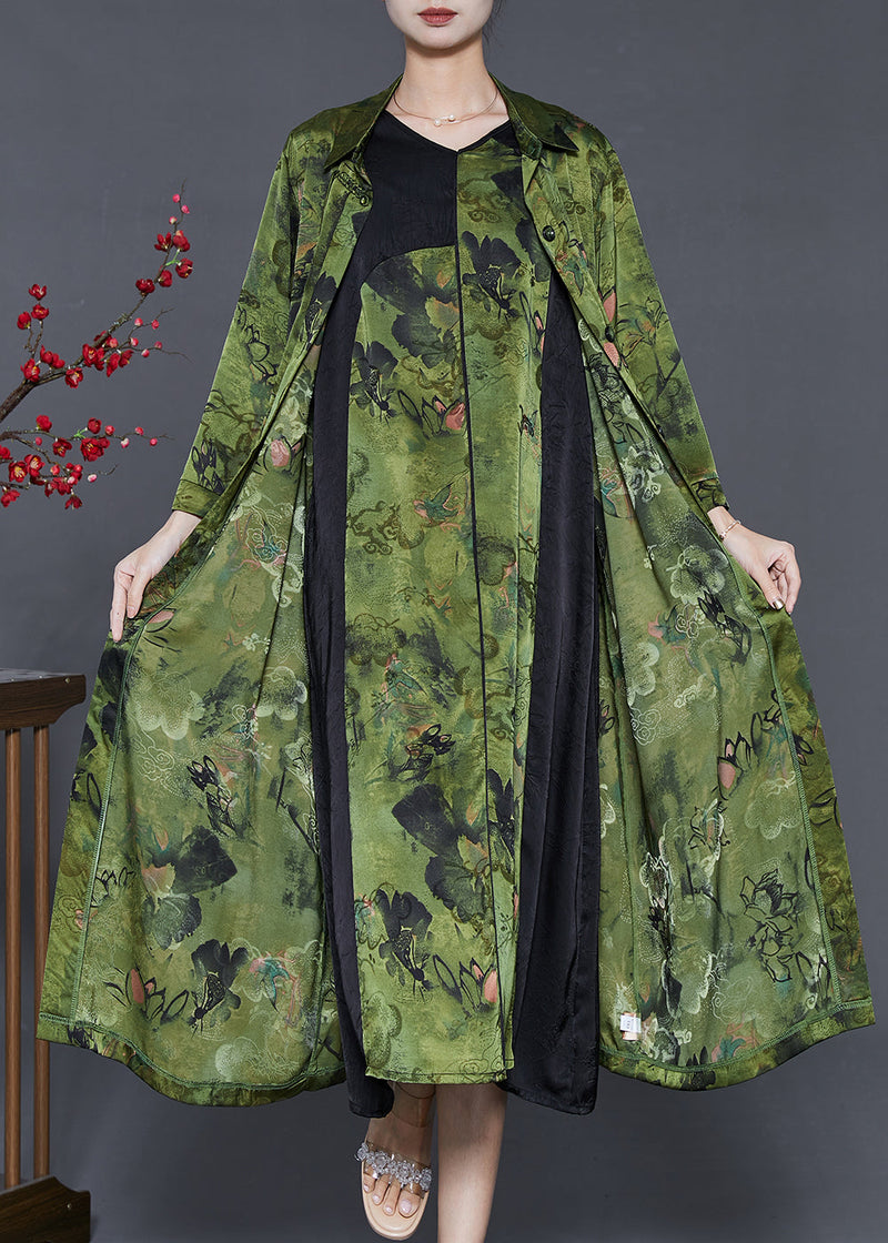 Boutique Green Oversized Print Silk Two Piece Set Clothing Spring