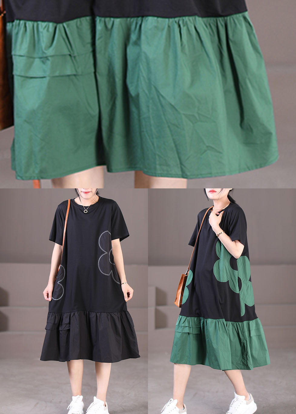 Black Patchwork Cotton Pleated Dress O-neck Color Short Sleeve
