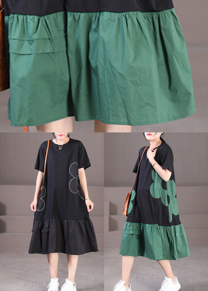 Black Patchwork Cotton Pleated Dress O-neck Color Short Sleeve