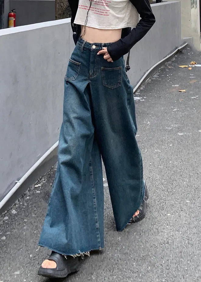 New Blue Pockets High Waist Denim Pants Spring