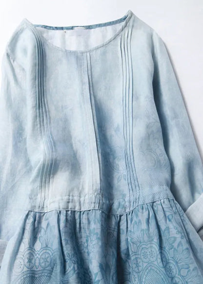 Fitted Blue O-neck Patchwork Tunic Long Dresses Half Sleeve