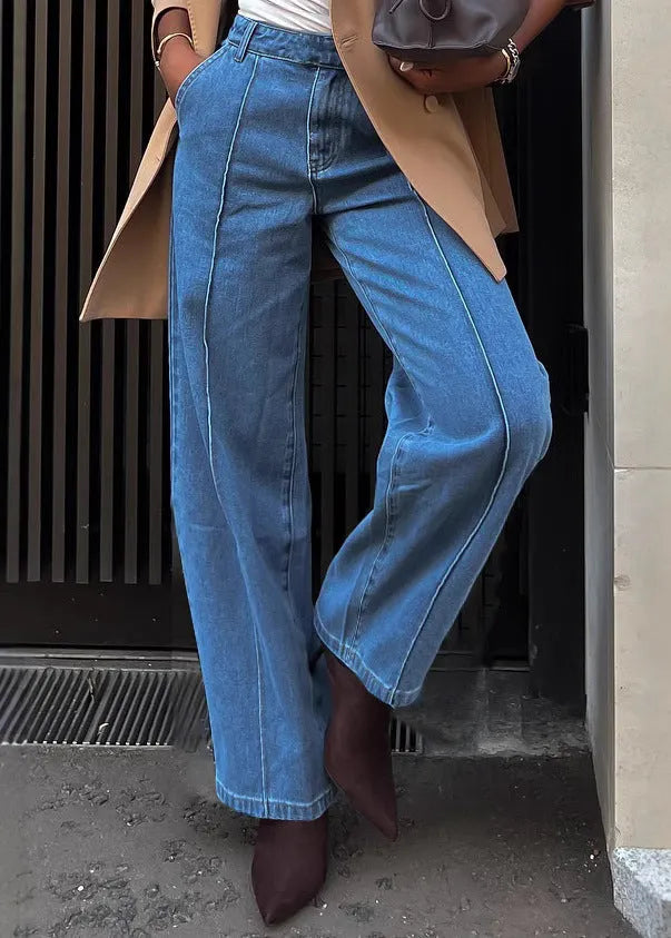 Blue Pockets High Waist Versatile Denim Pants Spring