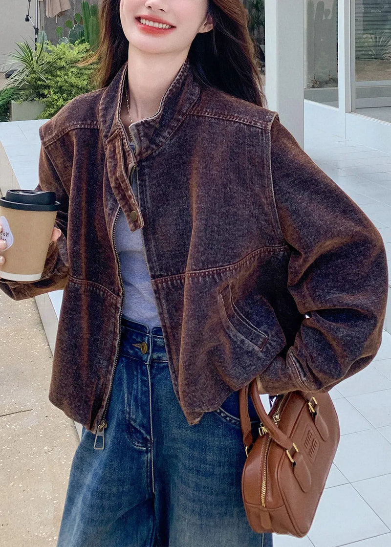 French Chocolate Stand Collar Oversized Denim Coat Spring