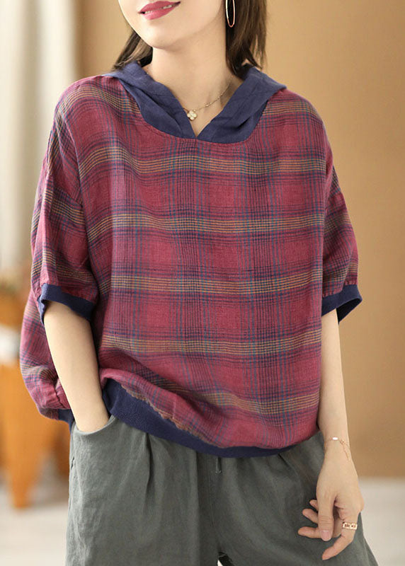 Rose Hooded Patchwork Striped Cotton Linen Top Short Sleeve