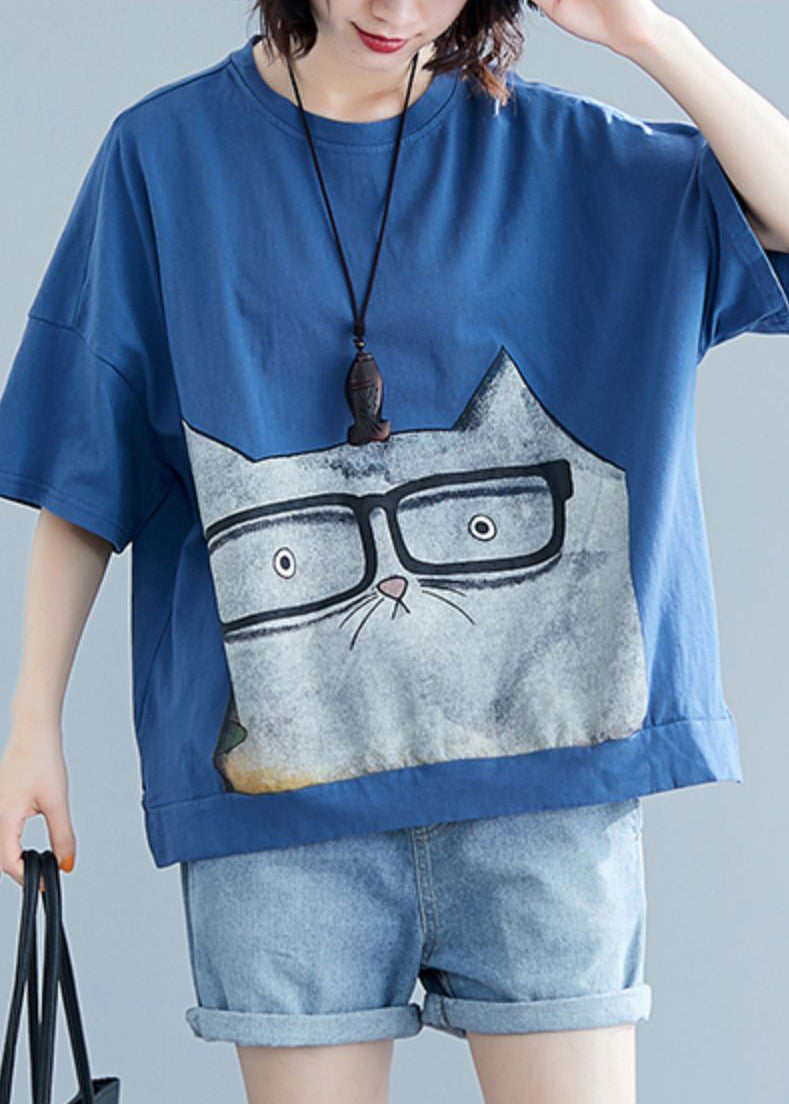 French Light Blue O-neck Side Open Character Print Tank Tops Short Sleeve
