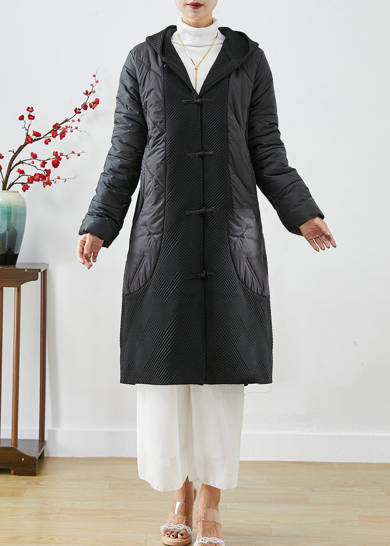 Boutique Black Hooded Patchwork Chinese Button Fine Cotton Filled Jacket in Winter