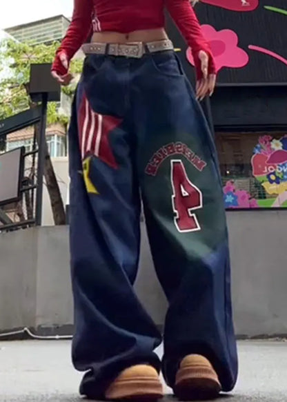 Modern Blue Print Pockets High Waist Denim Wide Leg Pants Summer