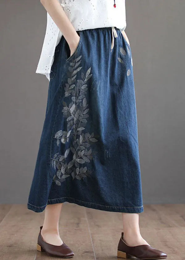 Dark Blue Pockets Cotton Denim Skirt Elastic Waist Ripped Summer
