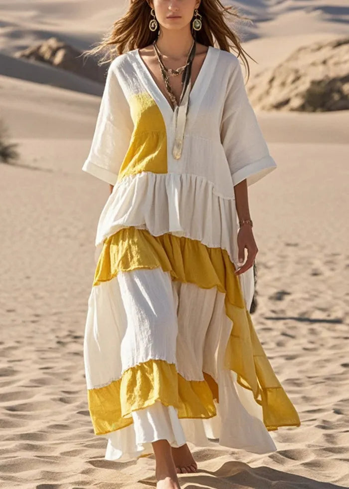 Stylish White Asymmetrical Patchwork Cotton Holiday Dress Bracelet Sleeve Summer