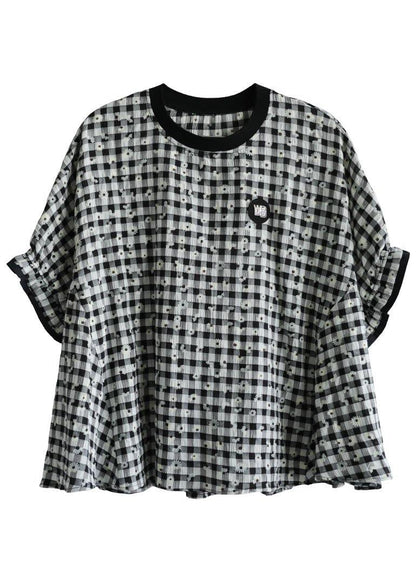 Fitted Black White Plaid O-neck Print Summer Top Half Sleeve