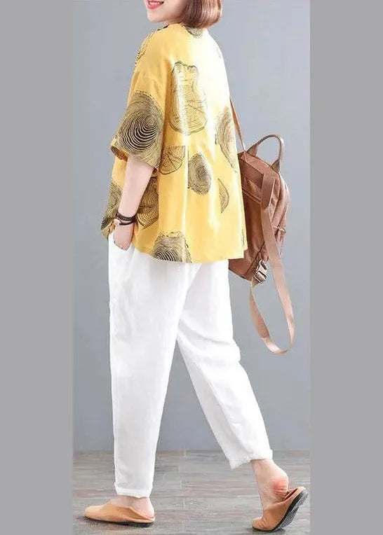 Retro Yellow O-neck Print Top and Crop Pants Two Pieces Set Summer