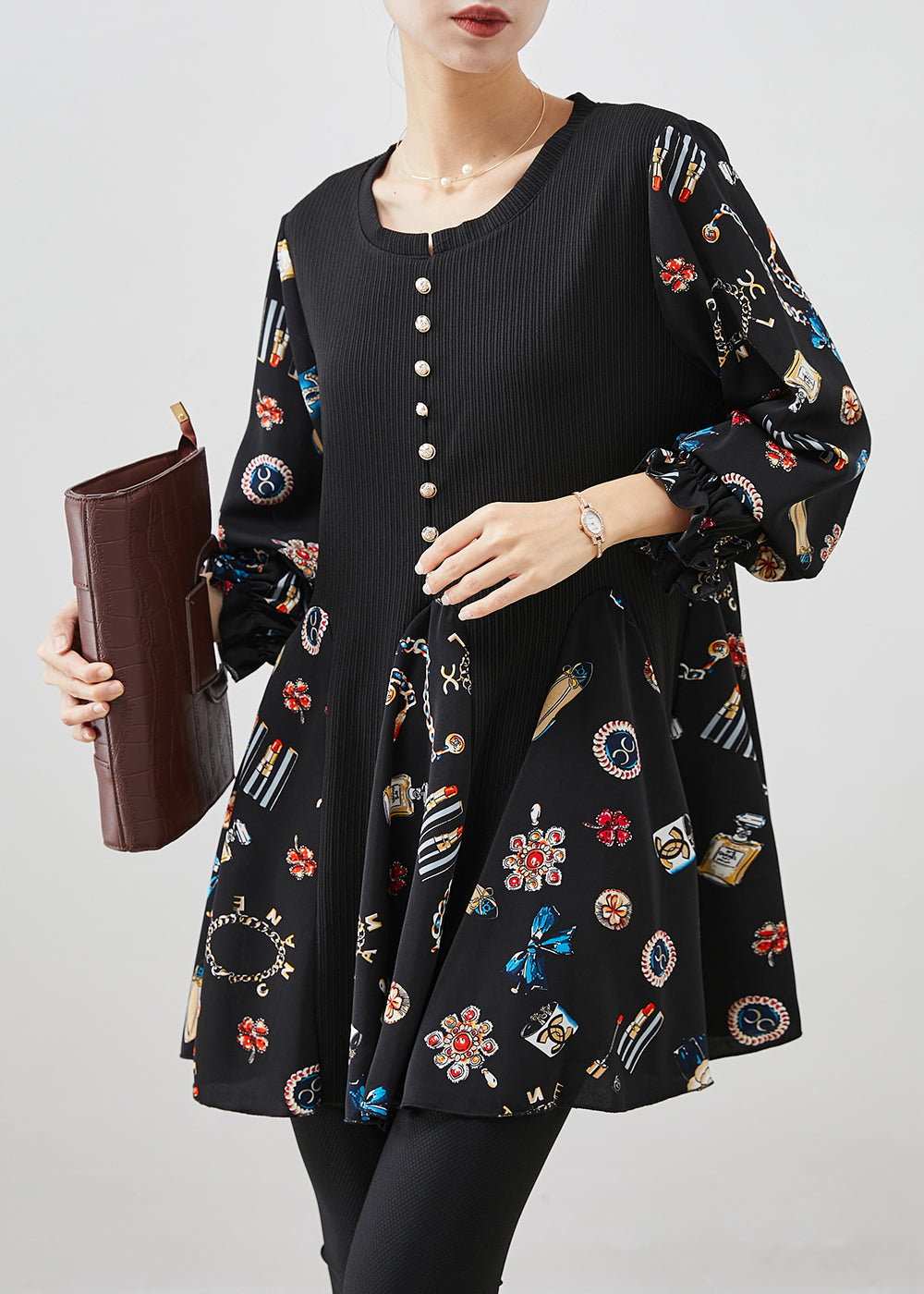 Black Print Patchwork Cotton Mini Dress Fall