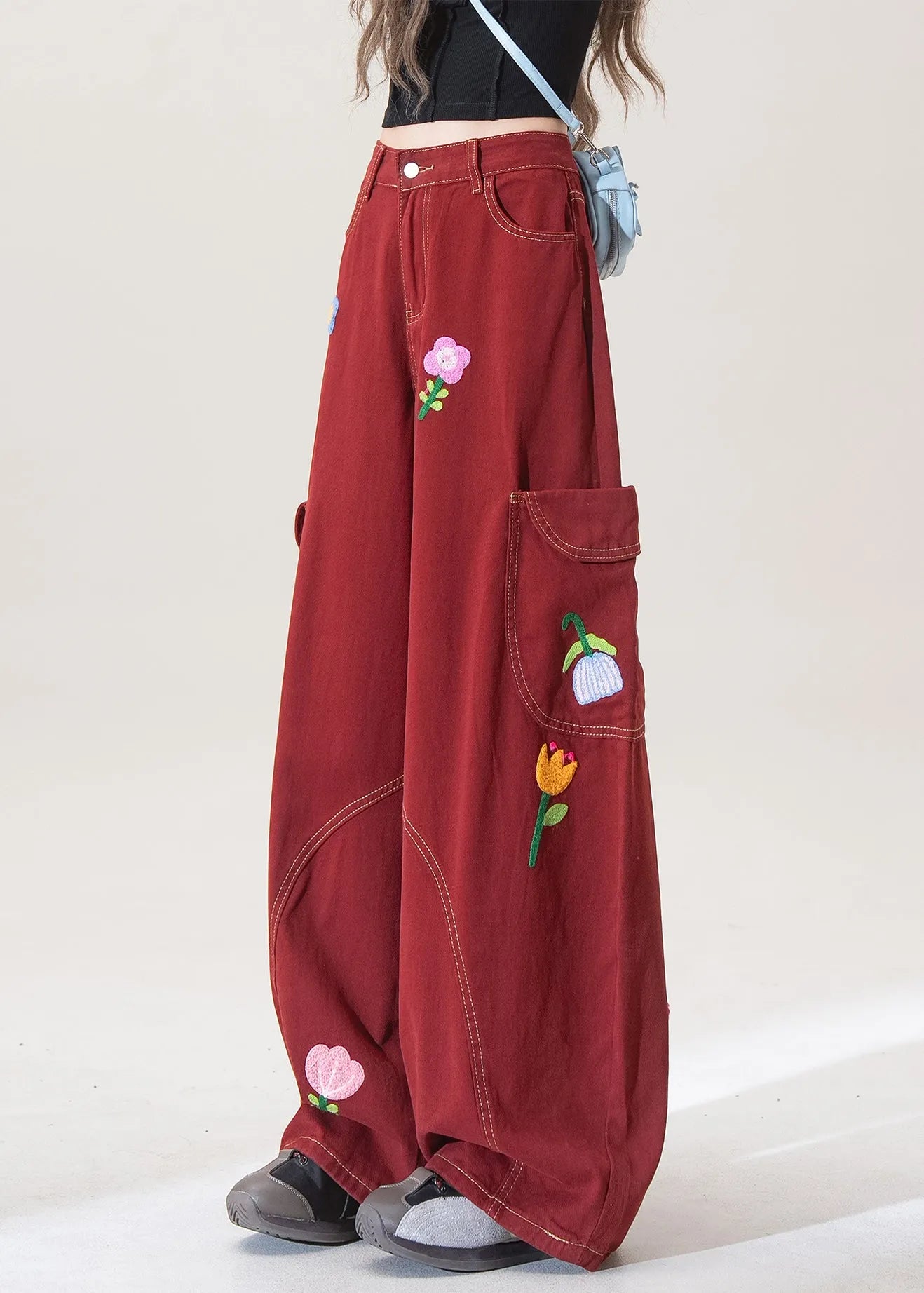 Stylish Red Pockets Denim Wide Leg Pants Fall