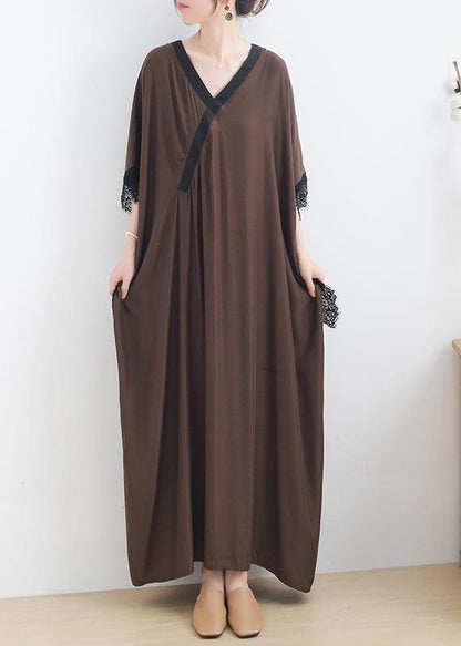 Chocolate Lace Trim Caftan Maxi Summer Chiffon Dress Gown
