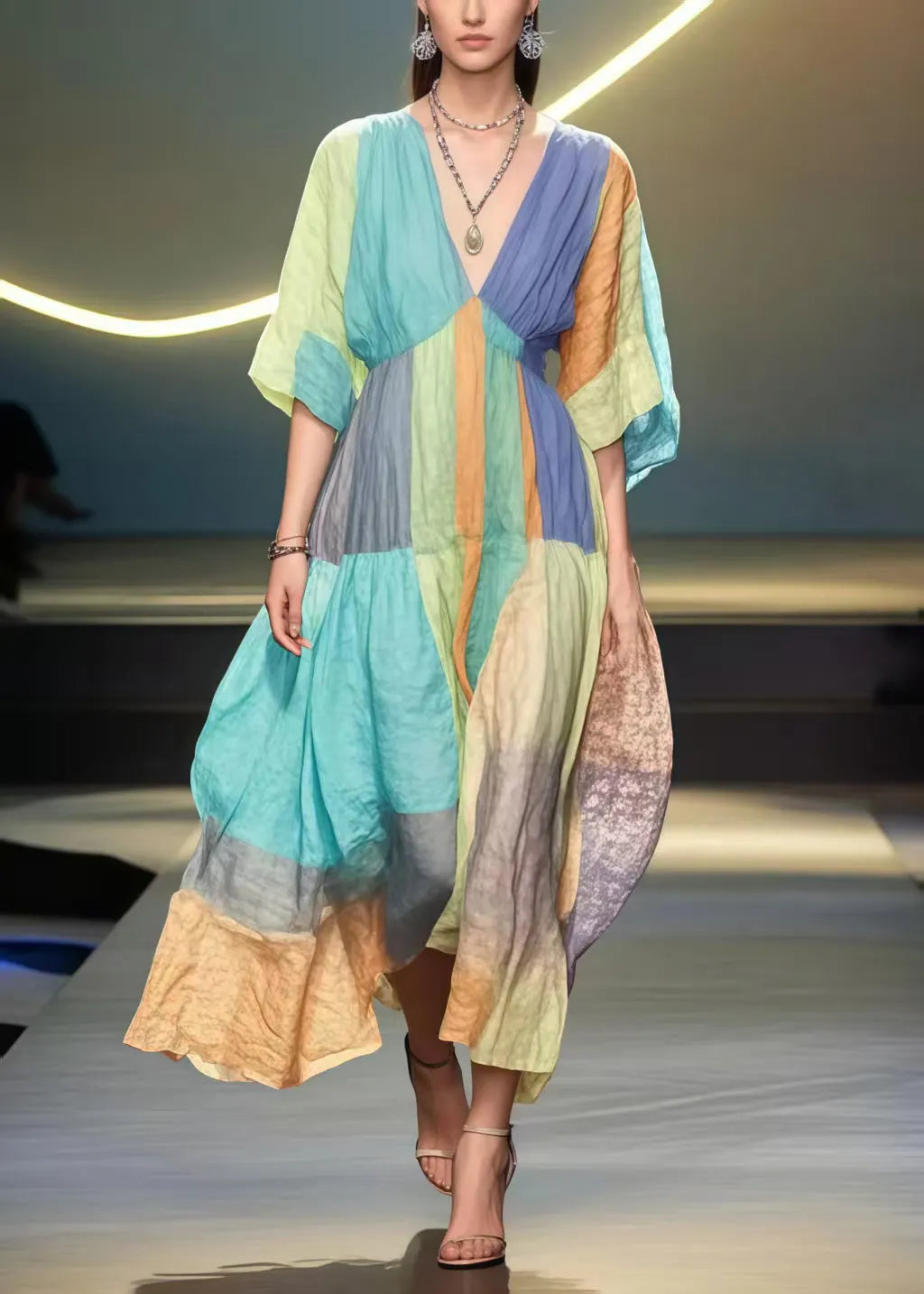 French Rainbow V Neck Patchwork Cotton Holiday Dress Summer