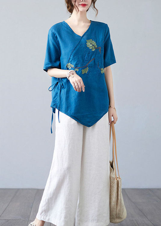 Blue Asymmetrical Shirt Tops Half Sleeve