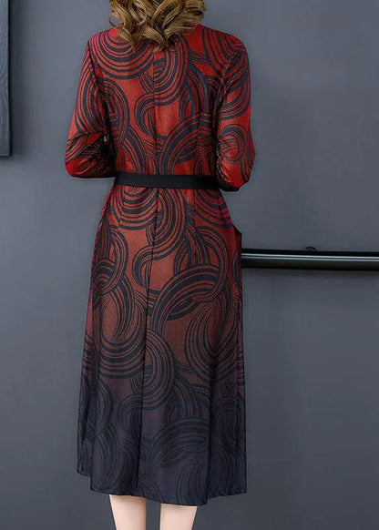 Red V Neck Patchwork Print Silk Cinch Dress Fall