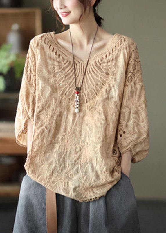 Khaki Cotton V Neck Embroideried Hollow Out Summer Blouses