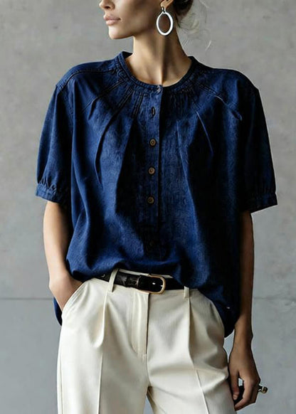 Navy O Neck Button Wrinkled Denim Top Summer