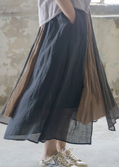 Chocolate Pocket Patchwork Linen Skirt Elastic Waist Spring