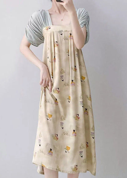 Natural Light Blue Print Patchwork Maxi Dresses Pajama Summer